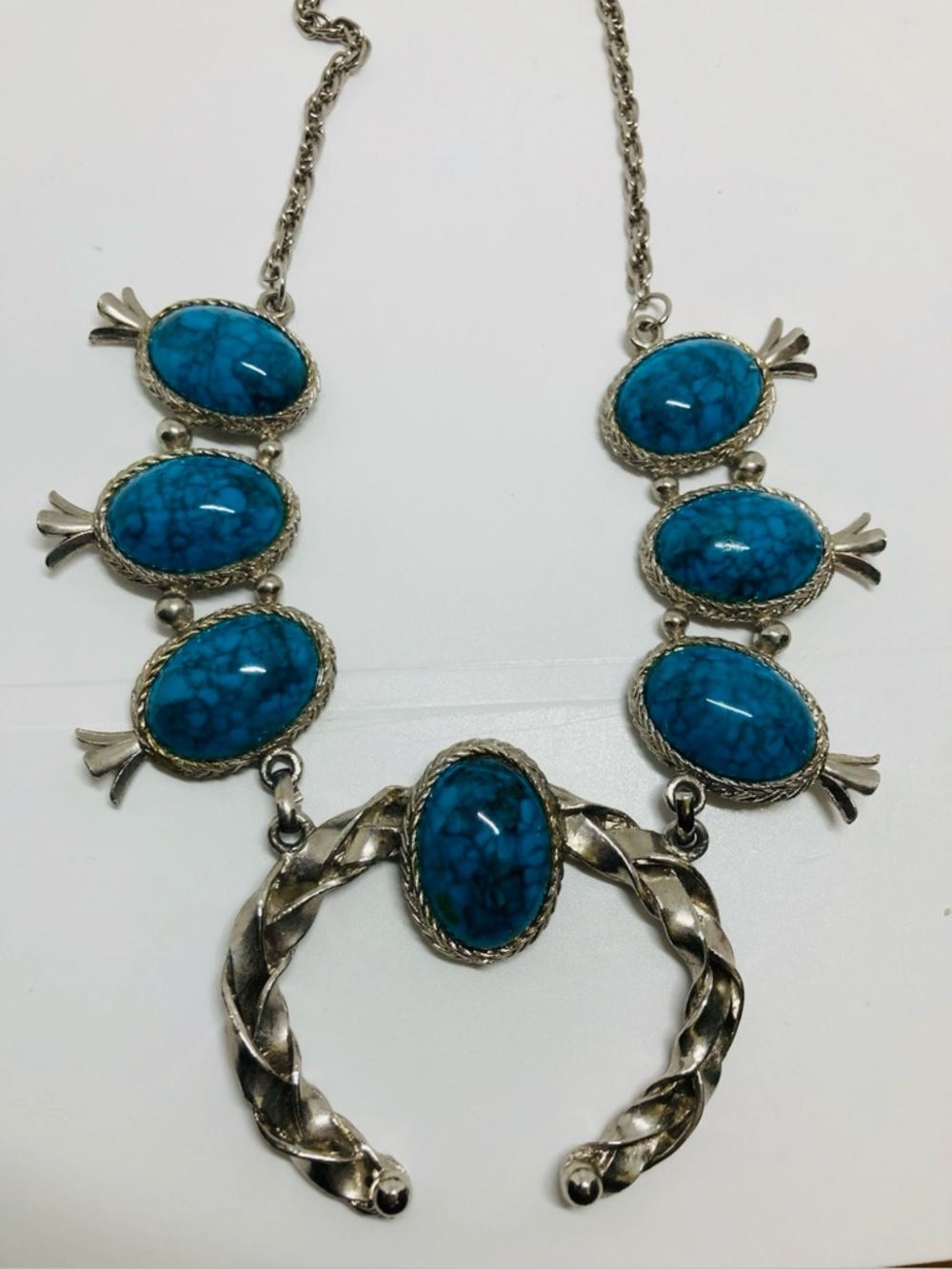 Navajo Native American Style Faux Turquoise Silver Tone Squash Blossom Necklace